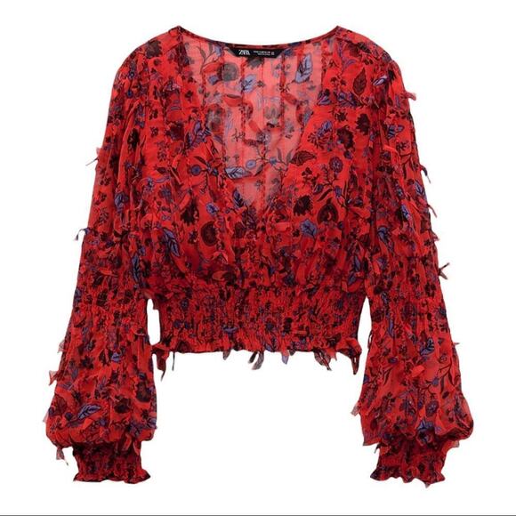 Red Floral Smocked Sheer Blouse Zara Fringing Cropped Top Long Sleeve Size XS - Picture 15 of 16